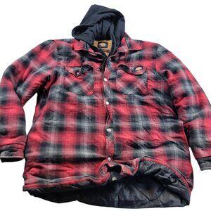 Dickies Jacket Mens Large Red Black Plaid Insulated Zip Snap Hooded